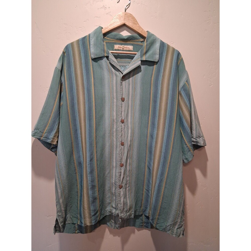 VTG Tommy Bahama Men's L 100% Silk Button Up Camp Shirt Striped Hawaiian Aloha